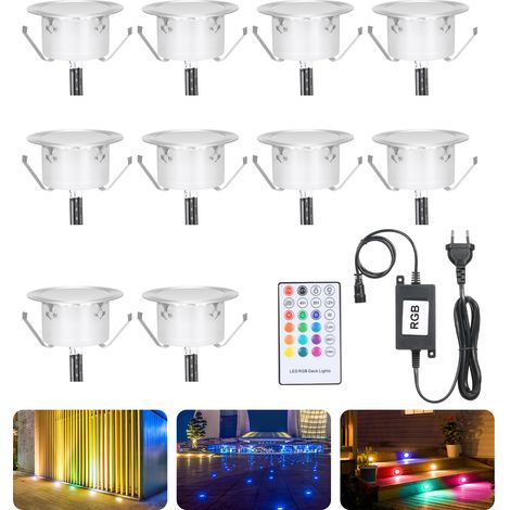 Kit de 10 spots LED RGB encastrables pour terrasse avec contrôleur. Éclairage extérieur au sol, intensité réglable, 3 effets lumineux différents, minuterie 3 niveaux (4, 8 et 12 h) avec mémoire. (1/5)