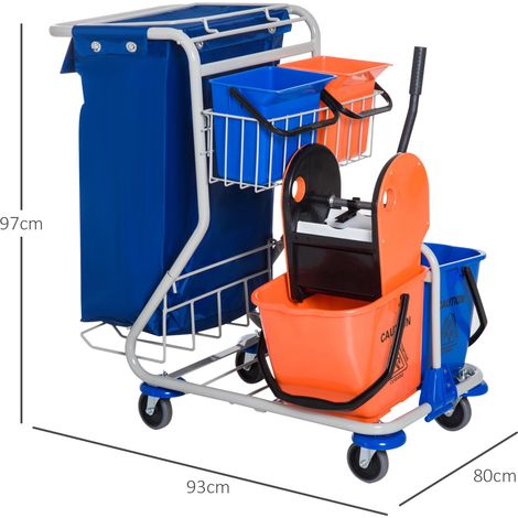 Chariot de nettoyage avec 2 seaux de 18 L et 2 seaux de 6 L, chariot pour balai à franges, chariot ménager avec presse-balai, panier de rangement, bleu/orange, 93 x 80 x 97 cm (1/5)