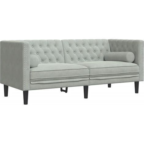 Canapé  Sofa Chesterfield avec traversins 2 places gris clair velours
