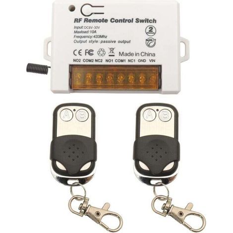 2-Channel 433MHz RF Wireless Relay Remote Control Switch, DC 6V 12V 24V 30V 10A Relay Receiver with 2 Key Fob Transmitters, Large Terminal Wire for Easy Wiring (1/4)