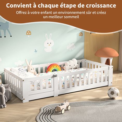 Kinderbett 90x190cm – Babybett mit Rausfallschutz und Lattenrost – Massivholz Kiefer – Weiß