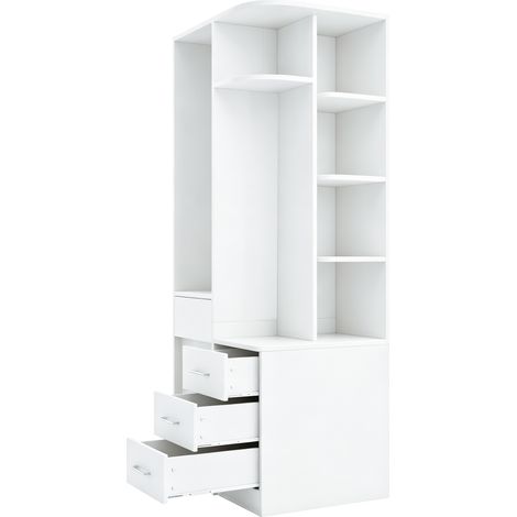 Armadio guardaroba 70 x 55 x 175 cm in MDF e legno con appendiabiti, ripiani e cassetti, bianco (1/5)