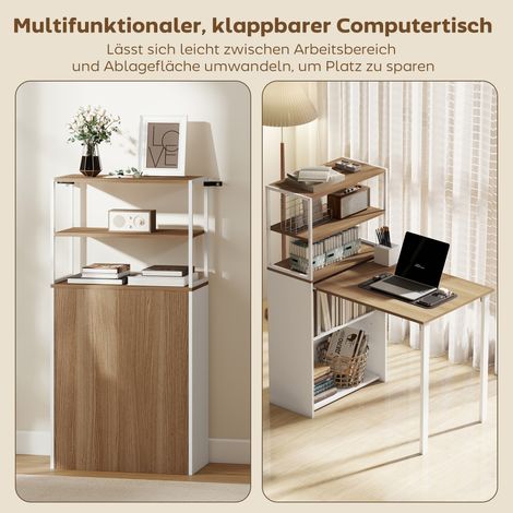 Bureau pliant table de cuisine avec 4 étagères ordinateur table de travail table pour ordinateur portable 105x60x127 cm bois naturel (1/5)