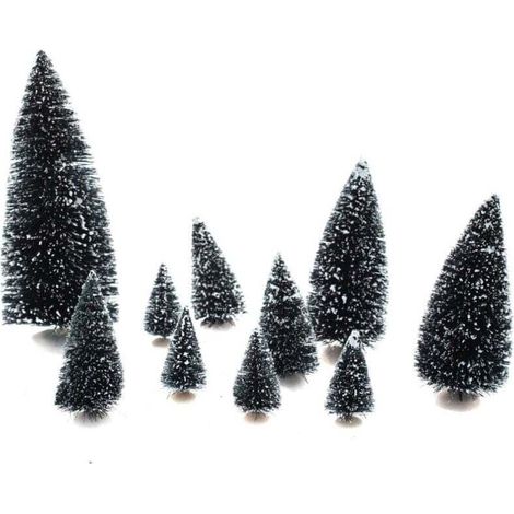 Set of 10 snow-covered green fir trees for a Christmas village