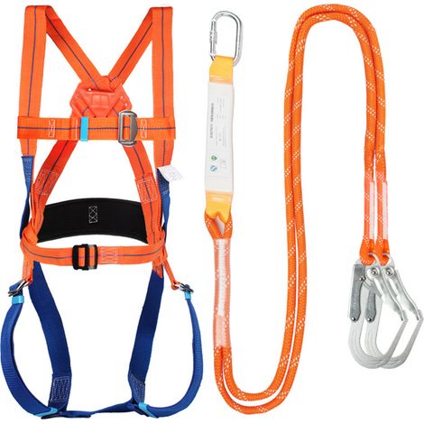Harnais antichute complet avec ceinture et absorbeur d'énergie, équipement de sécurité pour toiture, escalade et travaux en hauteur.