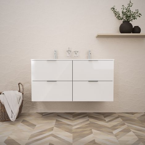 Inda - Badezimmerschrank B.120 mit Doppelwaschbecken, Hochglanz/Hochglanzweiß, 4 Schubladen - Topazio