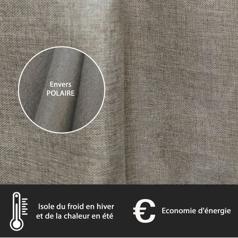 Rideau occultant thermique effet lin chiné taupe 135x240cm – Doublure polaire isolante – 8 œillets pour installation facile (1/2)