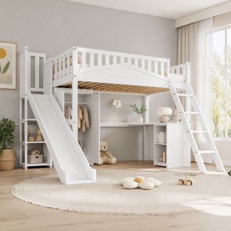 Litera infantil de madera de pino y MDF blanca 90x200 cm con tobogán, escritorio, armario y estantería