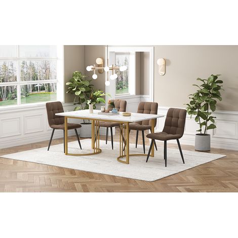 Ensemble repas moderne 5 pièces : table 140x80 cm pieds dorés métal, plateau MDF blanc + 4 chaises velours marron, set cuisine design