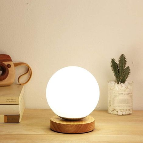 Lampe de table sphérique minimaliste moderne, lampe de bureau avec abat-jour en verre et base en bois, lampe de chevet avec protection des yeux, veilleuse E27 pour salle à manger, café ou bar (A)
