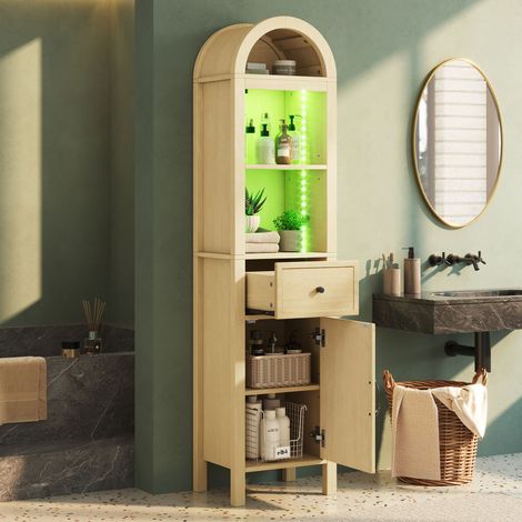 Armoire haute de salle de bain 40x30x163 cm bois naturel, sommet arqué avec LED, porte réversible, tiroir, fermeture magnétique, charnières soft-close, gain de place (1/5)