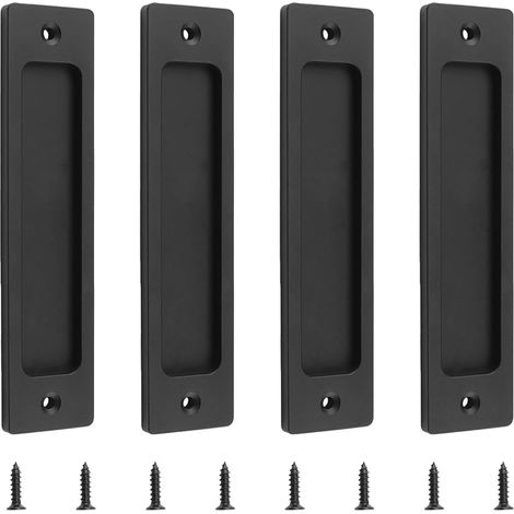 Lot de 4 poignées de porte coulissante rectangulaires encastrées en alliage d'aluminium avec vis de montage pour porte de grange coulissante - Noir mat (1/5)