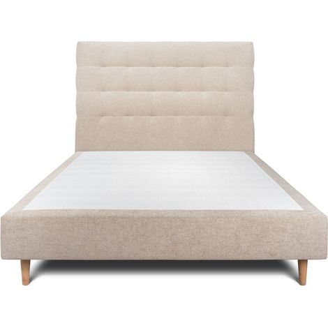 Lit 160x200cm avec tête de lit capitonnée tissu et sommier tapissier beige brun - Hauteur totale : 35cm (1/5)