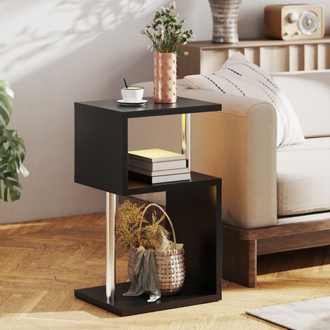 Tavolino a 3 ripiani con luce LED, mensole e struttura in alluminio per soggiorno e camera da letto, 44x38x75 cm, nero