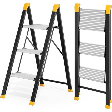 escabeau 3 marches Aluminium antidérapant, 150kg Noir Escabeau pliant aluminium marches antidérapantes, charge 150kg, argent noir pour maison cuisine bureau (1/5)