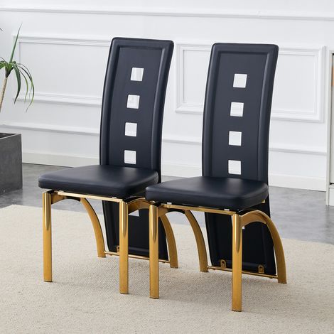 Lot de 2 chaises de salle à manger design européen, dossier perforé, similicuir noir + pieds métalliques dorés, hauteur 102,5 cm, idéal pour salle à manger ou salon moderne. (1/5)