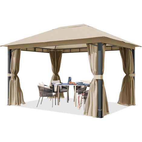 TOOLPORT Pavillon de jardin 3x4 m poteaux alu, toile de toit 220 g/m² taupe - avec parois latérales et moustiquaires (1/5)