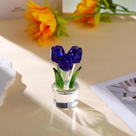 Decorazione a forma di tulipano in cristallo, statuetta di fiore in vetro per accessori per la casa e come regalo, blu, 4,6 x 4,6 x 10 cm, cristallo per scrivania, vetrina e casa delle feste. (1/5)