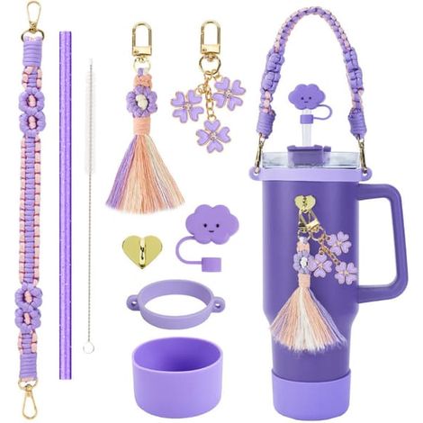 Ensemble de 9 accessoires pour gobelet Stanley de 1,2 L (40 oz), comprenant un protège-gobelet et un protège-paille (violet). (1/5)