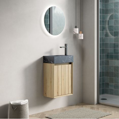 Mueble de baño suspendido 40 cm con lavabo de mármol negro y mueble en madera clara (1/5)