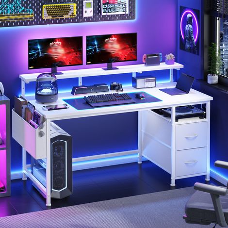 Klyvvo 140x48cm-Bureau avec Rangement 2 Tiroirs et Poche latérale-Bureau avec Support de Moniteur-2 Crochet pour Casque et Passe-câble Adapté aux Télétravailleurs-Gamers et Designers-Blanc