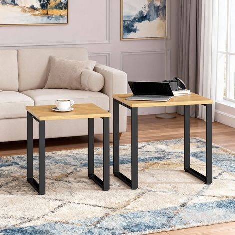 MODFU – Set de 2 mesas de centro anidadas de paneles y metal con tableros 60x50 y 50x50 cm, patas regulables y carga 10 kg por mesa – Madera natural (1/5)