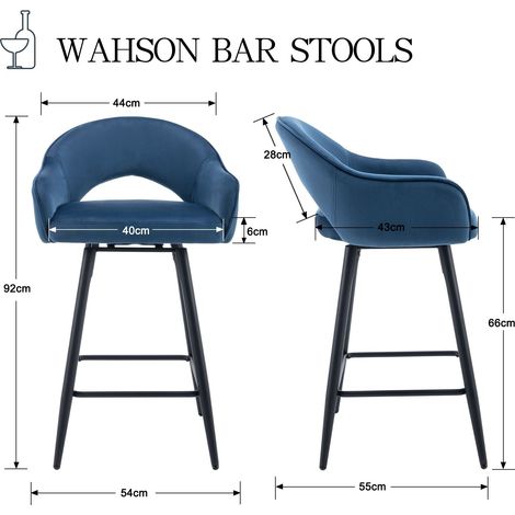 Wahson Tabouret de Bar en Velours, Lot de 2 Tabouret Rotation de 360 Degré Chaise Bar de Pied en Métal avec Repose-Pieds pour Bar, Bleu