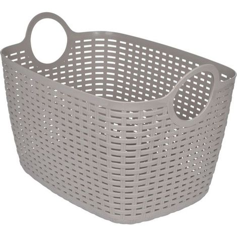1 panier à linge tressé, plastique taupe, 30 L, forme arrondie, contenance optimale, pour salle de bain ou buanderie