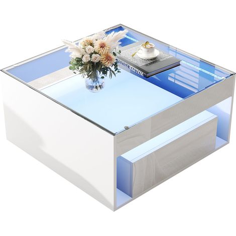 ELVMI Couchtisch mit 2 Schubladen Offenem Fach und per App Steuerbarer LED für Wohnzimmer aus Weißem MDF mit Sicherheitsglas (1/5)