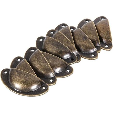 Un ensemble de 10 poignées en fer couleur cuivre en forme de coquillage – dimensions : 81 x 35 mm – espacement des trous : 65 mm – comprend 20 vis.