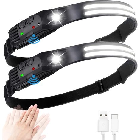 Lampe Frontale Rechargeable, Lampe Frontale LED Rechargeable USB, 600 Lumens IPX4 Étanche Mouvement Lampe, 5 Mode d’Éclairage Détecteur Pour Camping Randonnée