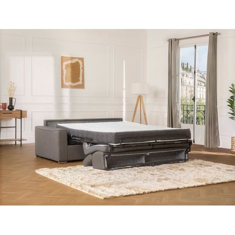 Canapé 3 places convertible express en tissu gris - couchage lattes larges 140 cm - Matelas 22 cm avec mémoire de forme VIZIR (1/4)