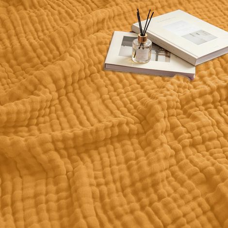 Couverture en mousseline - 150 x 200 cm - 100 % coton - 6 couches - Douce et respirante - Pour lit et canapé - Jeté de canapé - Jaune moutarde (1/5)