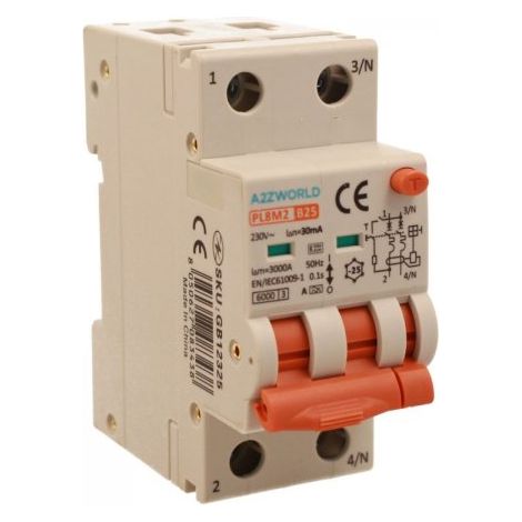 RCBO Interruttore Magnetotermico Differenziale Con Doppia Leva Tipo A Curva B 2P 2M 6000A 30mA, Diagnostica Visiva, B25A  AC 230V IP20 IEC61009-1 PL8M2