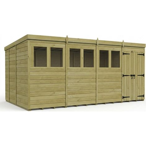 16ft x 9ft Pent Garden Shed Double Door With Windows - Pressure Treated Timber - L488 x W274 x H210 cm - Natural