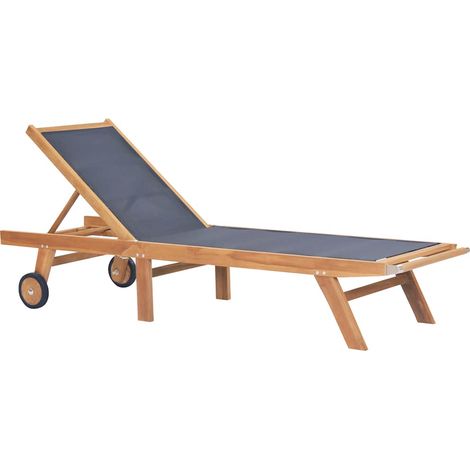 Transat de jardin pliable en teck massif et textilène avec roulettes 206 x 60 x 35 cm - PANGIVO (1/5)