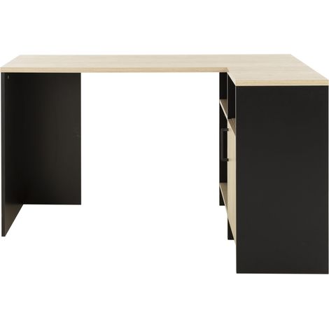 Bureau d'angle industriel noir et châtaignier – Grand plateau avec retour et niches – Design moderne pour espace de travail – Diagone (1/5)