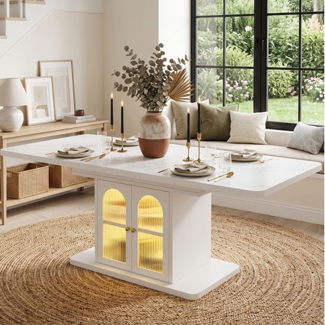Mesa de comedor extensible de 150/200 x 80 cm para 6-8 personas con espacio de almacenamiento e iluminación LED, estilo escandinavo, MDF blanco. (1/5)