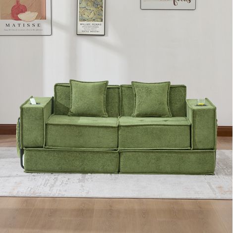 Canapé-lit 2 places modulable en chenille avec 2 coussins, rangement latéral, vert, REDOM (1/5)