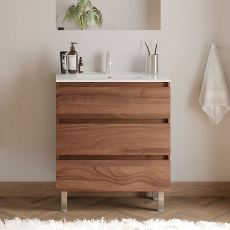 Meuble de salle de bain 60cm simple vasque - 3 tiroirs - sans miroir - noyer (bois foncé) - MAYOR (1/4)