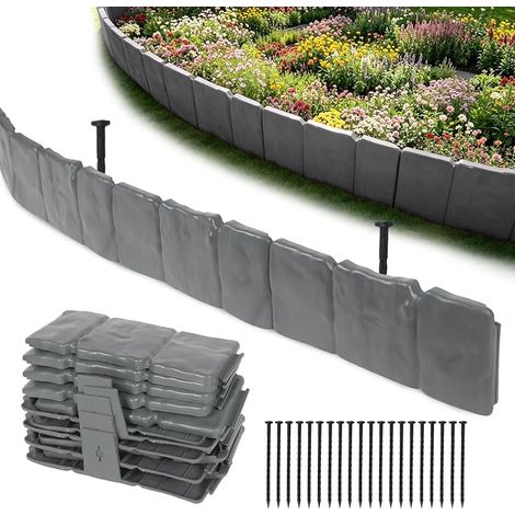 Bordure Jardin Exterieur, 5m Bordures de Jardin Flexible Plastique, Petite Cloture Jardin Exterieur, Palissade Jardins Exterieurs, Épaissi Bordure de Pelouse avec 20 piquets de Sol - Haut:10cm (Gris) (1/5)