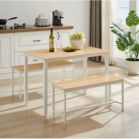 Conjunto de mesa de comedor con 2 bancos, mesa de cocina estilo industrial 110 x 60 cm blanco OKWISH (1/5)