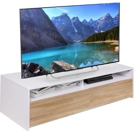 Meuble TV en Bois MDF Buffet avec Base de télévision 2 Compartiments Ouverts et 2 Portes, Dimensions 130 x 40 x 35,5 cm, Couleur Blanc et chêne, Design Moderne, décoration de Maison (1/5)
