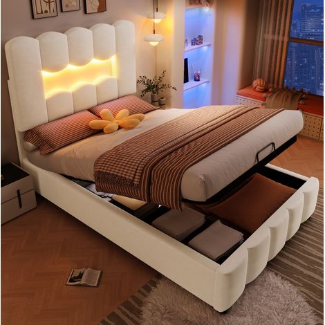 MEUBLIV Cama canapé 90x200 cm beige – hidráulico, LED, cabecero regulable, sin colchón (1/5)