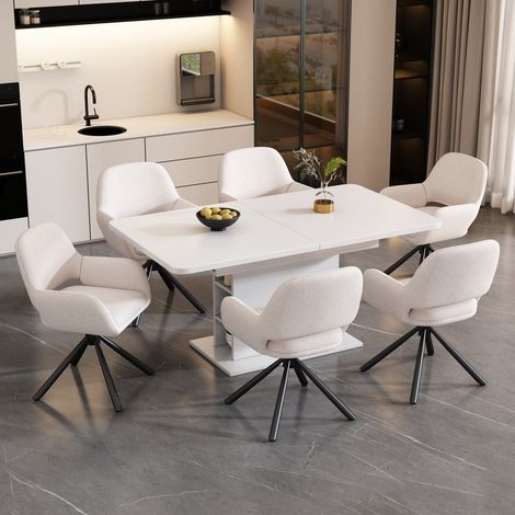 Ensemble table et chaises-Table extensible avec rangement-6 chaises Sherpa-Fauteuil lounge-pieds métal-blanc-130x70x75(cm) (1/5)