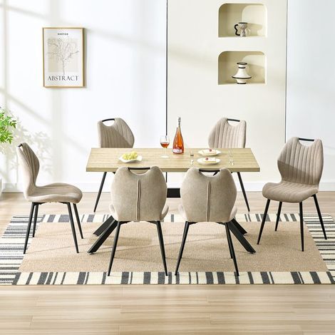 Ensemble table à manger - WAFTING - Modèle 140x80x73 cm - 6 places - Chaises tissu kaki - Plateau bois clair (1/5)