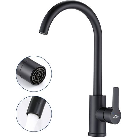 Grifo de Cocina Negro Caño Alto Diseño Elegante Giro de 360°Grifo de Fregadero Monomando Acero inoxidable Mezclador para Agua Fría y Caliente