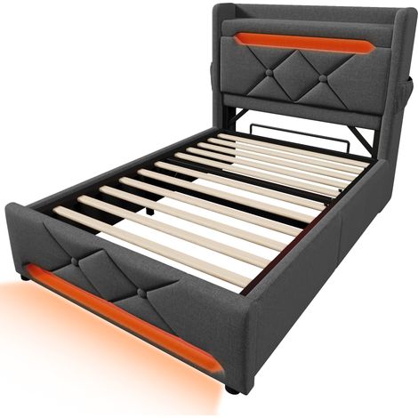 Cama con canapé 1 plaza 90 x 200 cm gris en lino con cabecero USB Type C y LED 360° (1/5)