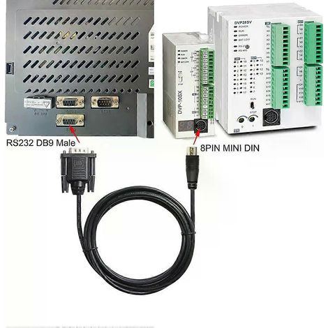 Câble série RS232 DB9 mâle vers Mini DIN 8 broches pour connexion automate programmable Delta DVP et interface homme-machine DOP - Câble de communication industriel - JXLGV (1/4)