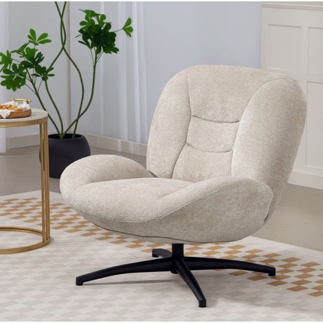 Fauteuil pivotant crème blanc en polyester effet chenille avec rotation 360° et base en acier (1/3)